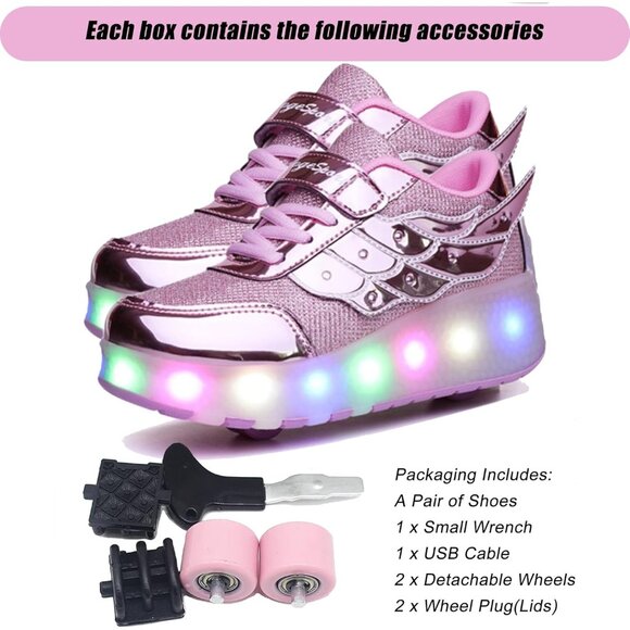 Kids Rose Usb Chargeable Led Light Up Wheeled Skate Sneaker Shoes - Picture 5 of 9